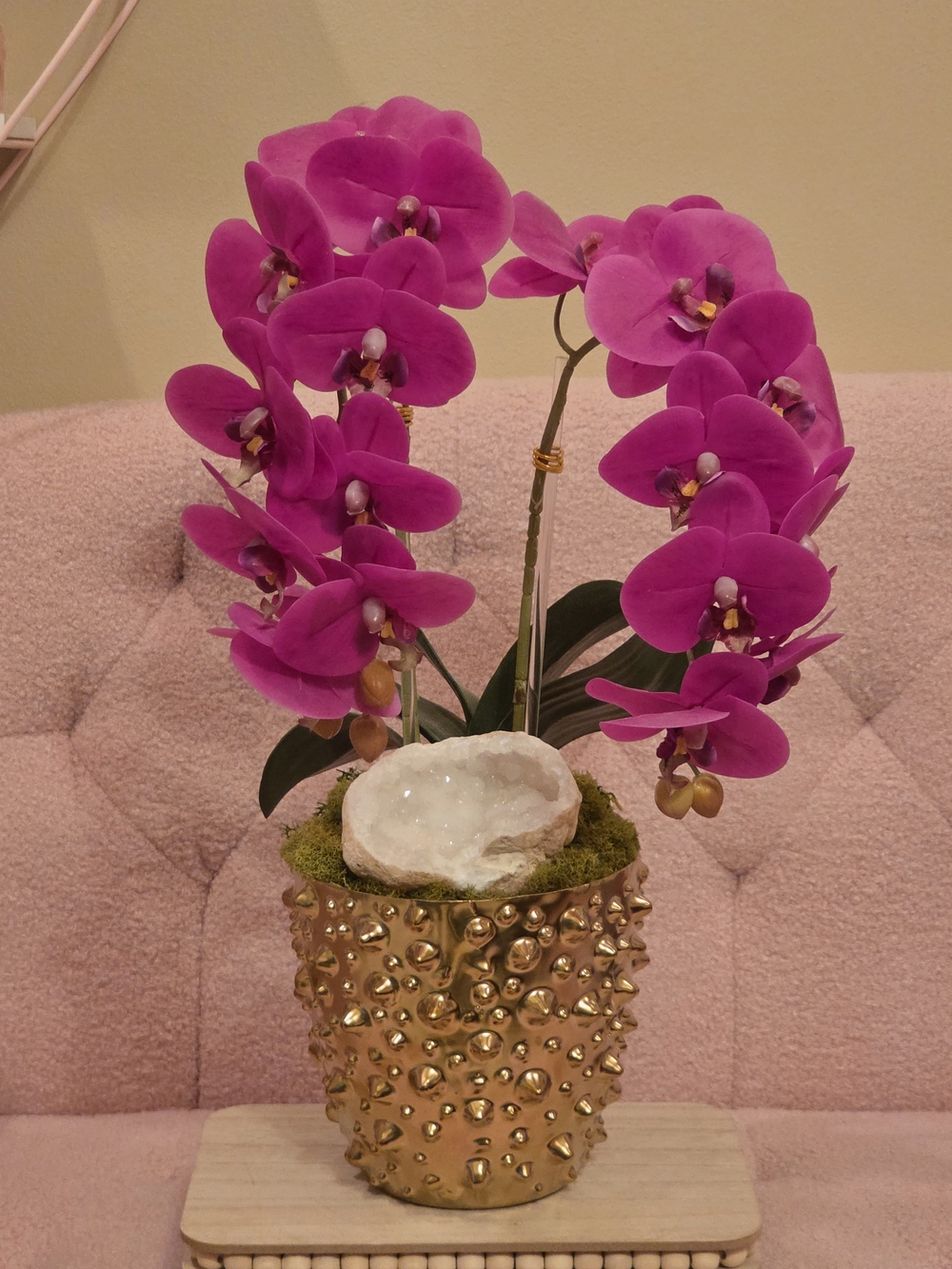 Pink Faux Orchid Arrangement With Large Geode in Gold Planter